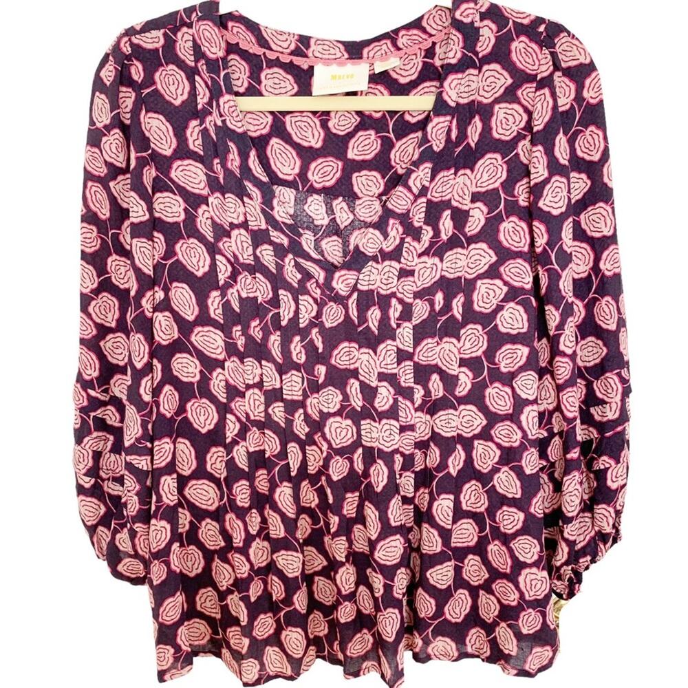 Anthropologie Maeve Navy Pink Cathy Pleated Floral Peasant Blouse - Picture 2 of 8